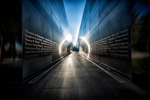 911 Memorial at Liberty State Park taken with 12mm wide angle lens right after sunrise.